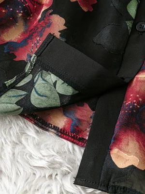 2026 Spring New Vintage Ink Floral Print Turn-Down Collar Shirt Women's Loose Lantern Sleeve Sheer Chiffon Blouse for Work and Date Elegant Top