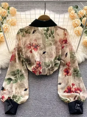 2026 Spring New Vintage Ink Floral Print Turn-Down Collar Shirt Women's Loose Lantern Sleeve Sheer Chiffon Blouse for Work and Date Elegant Top