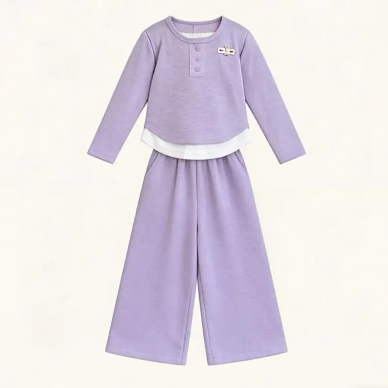 Children's Set 2026 Girls' Spring and Autumn Korean Edition Soft Sticky Fake Two piece Top+Wide Leg Pants Casual Set