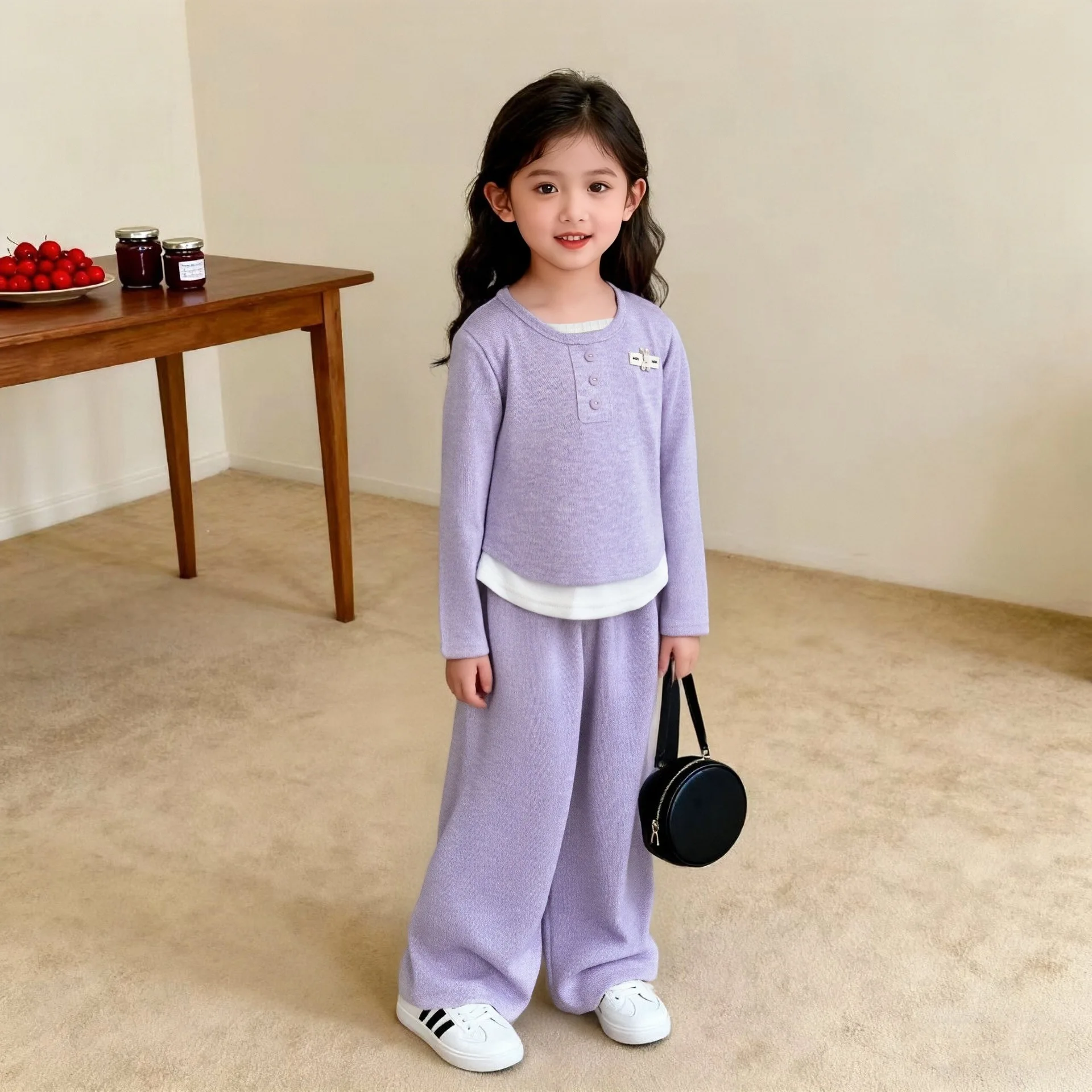 Children's Set 2026 Girls' Spring and Autumn Korean Edition Soft Sticky Fake Two piece Top+Wide Leg Pants Casual Set