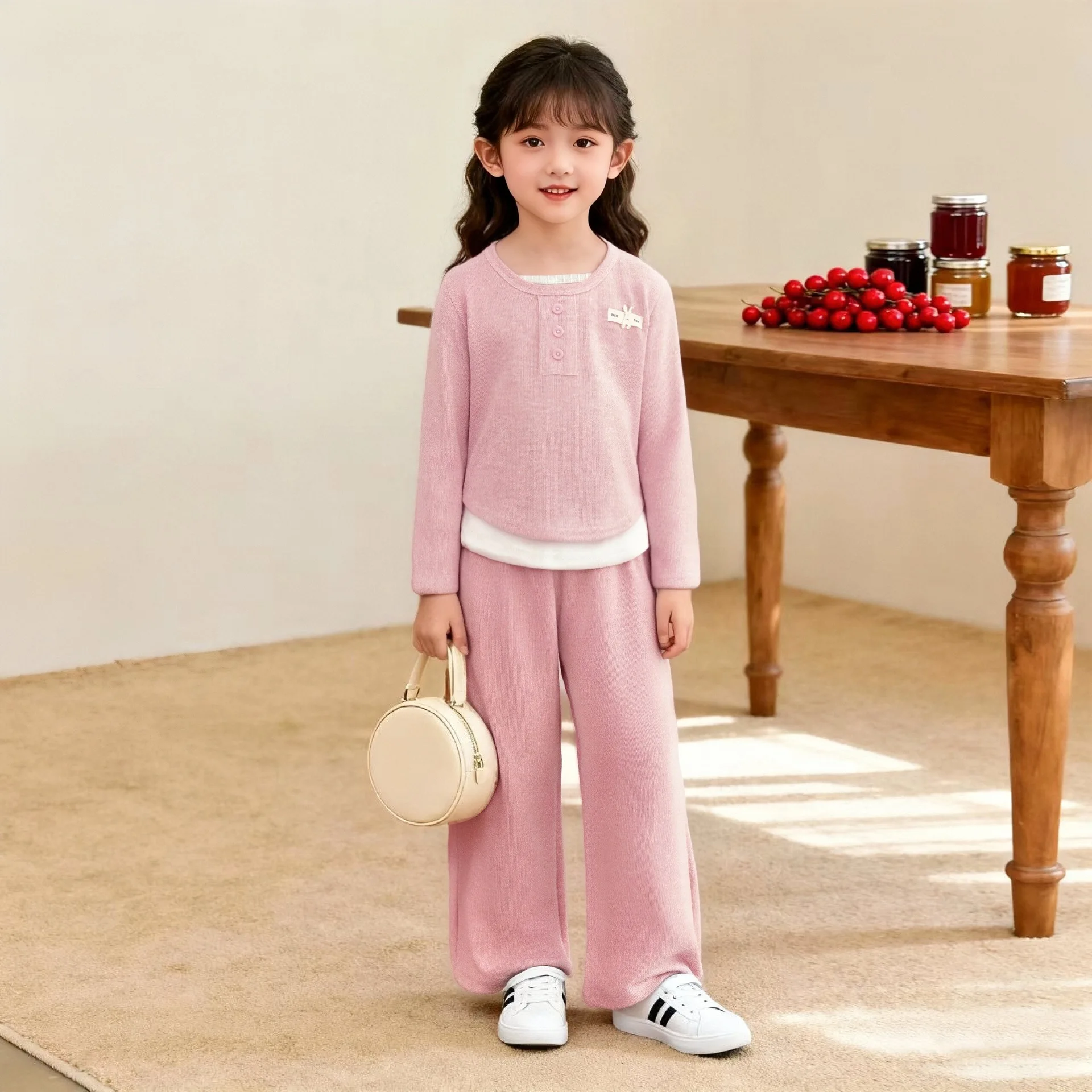 Children's Set 2026 Girls' Spring and Autumn Korean Edition Soft Sticky Fake Two piece Top+Wide Leg Pants Casual Set