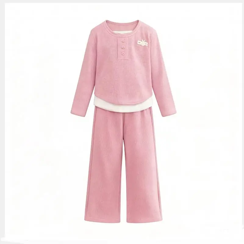 Children's Set 2026 Girls' Spring and Autumn Korean Edition Soft Sticky Fake Two piece Top+Wide Leg Pants Casual Set