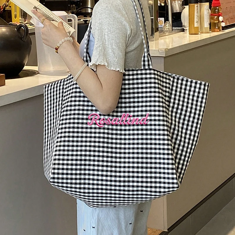 (Custom Embroidery) Women's Tote Bag, Personalized Embroidered Simple Plaid Canvas Bag, Original Niche Versatile Large-Capacity Tote Bag for Commuting, Student Shoulder Bag for Class