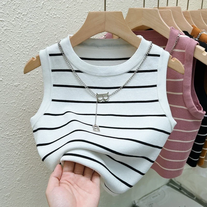 Women Tank Top & Camis New Basic Bottoming Striped Chain Elasticity Vests Summer 2026 Wild Crop Tops