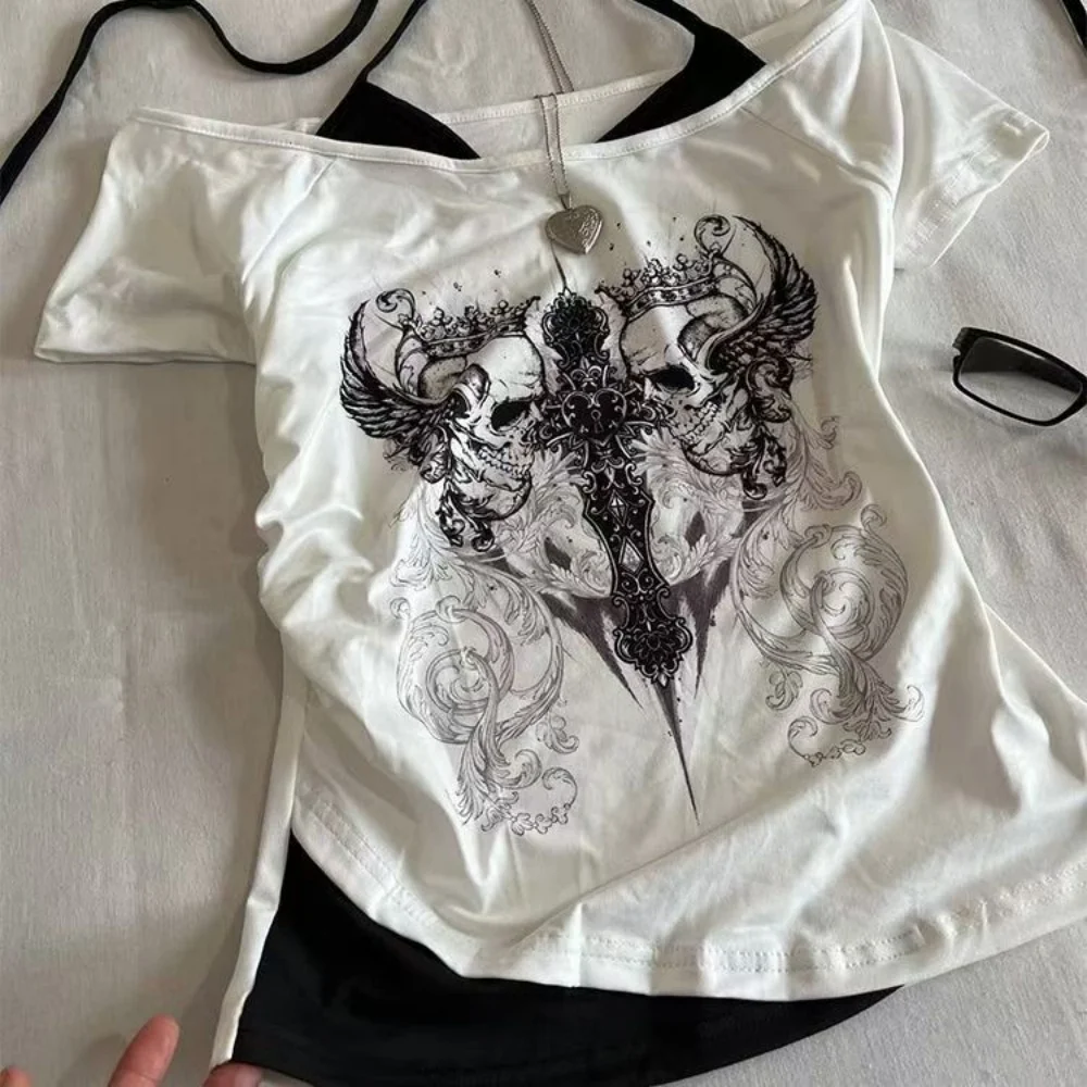 Y2k Slim Fit Print Tops Women Off Shoulder Short Sleeve Tee Shirt Neploe American Vintage Fake Two Piece Halter Lace Up T-shirts