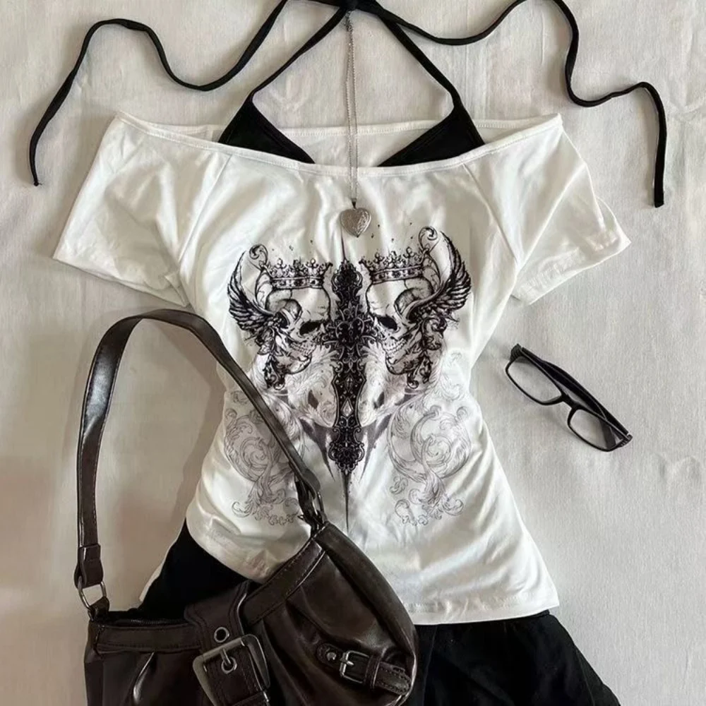 Y2k Slim Fit Print Tops Women Off Shoulder Short Sleeve Tee Shirt Neploe American Vintage Fake Two Piece Halter Lace Up T-shirts