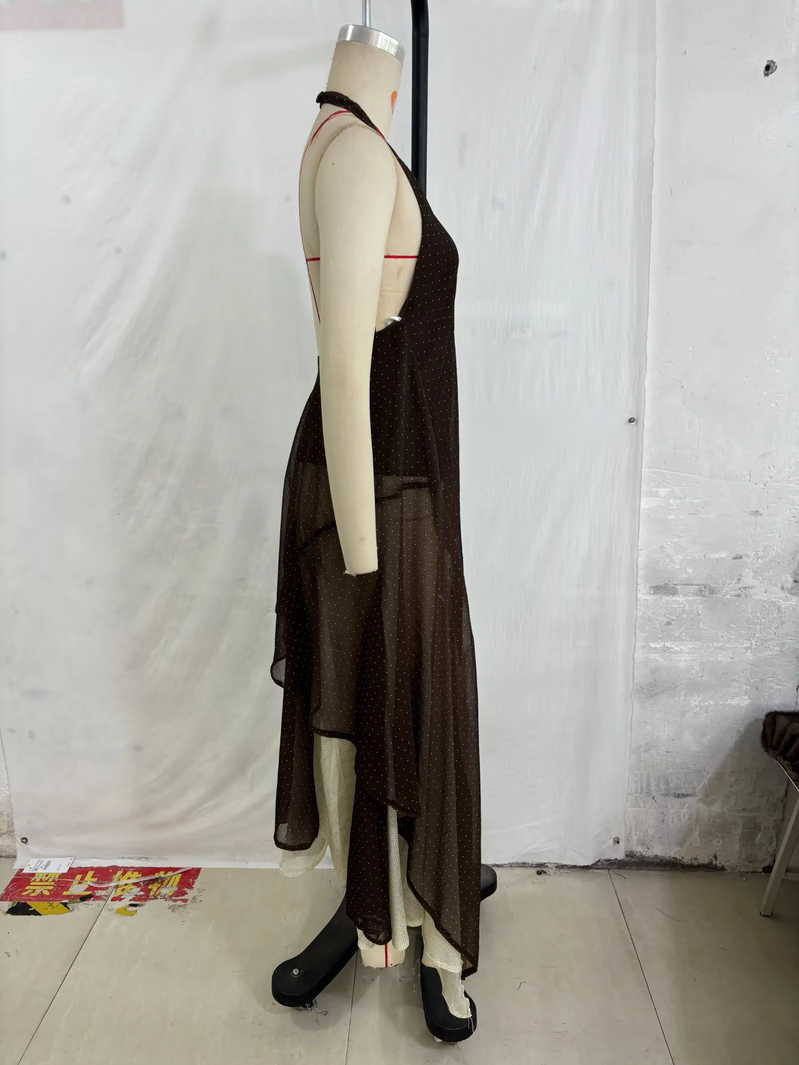 European and American style spring and summer new product women's hanging neck collar asymmetrical splicing dress