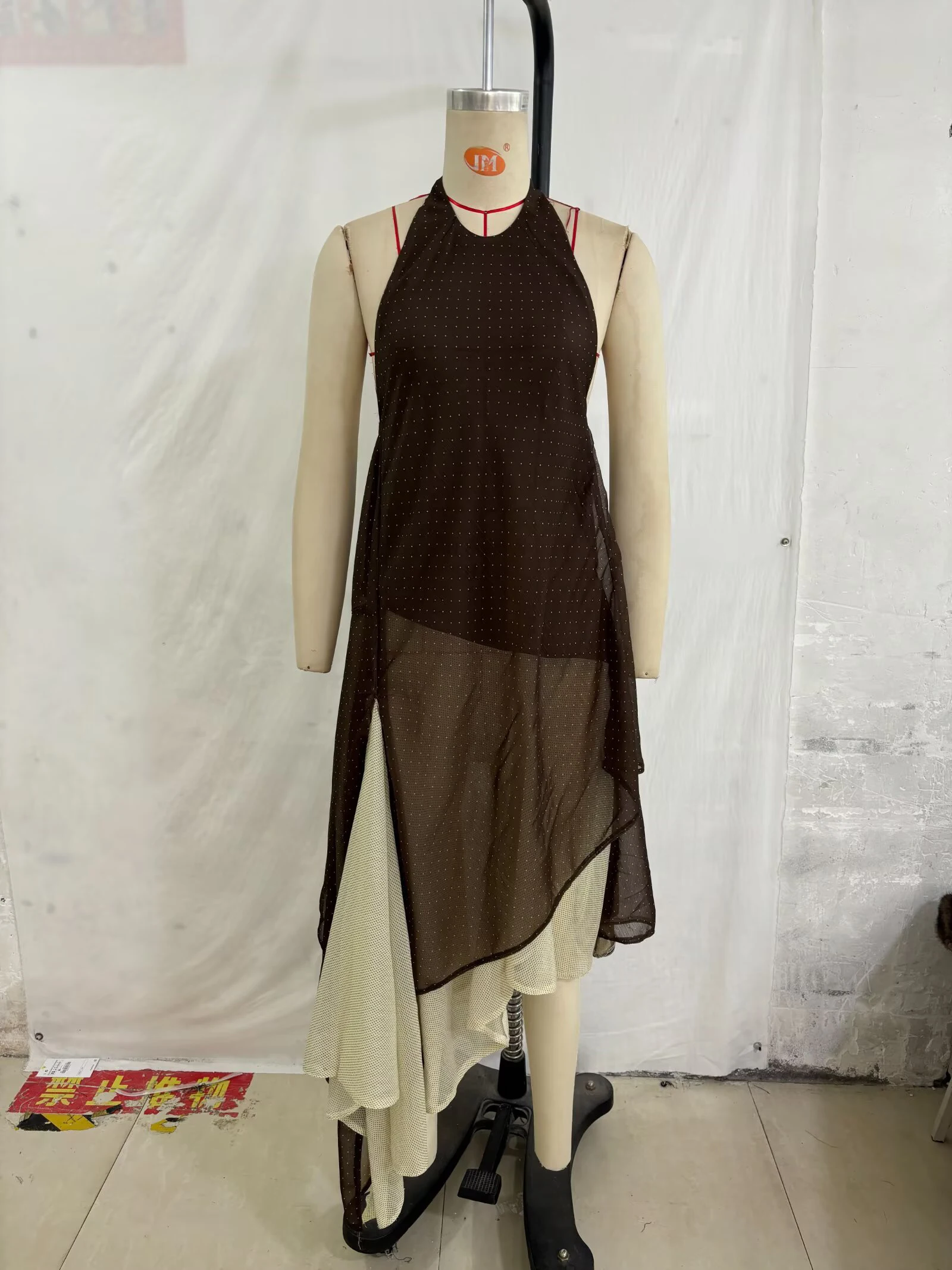 European and American style spring and summer new product women's hanging neck collar asymmetrical splicing dress