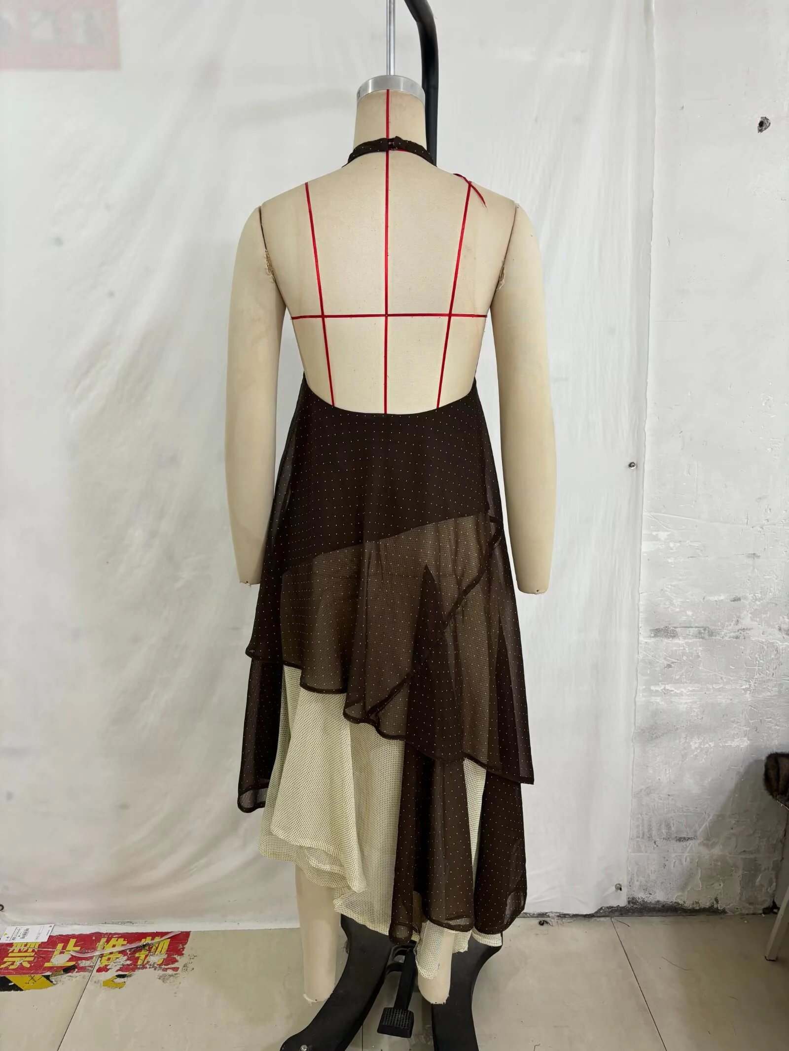 European and American style spring and summer new product women's hanging neck collar asymmetrical splicing dress
