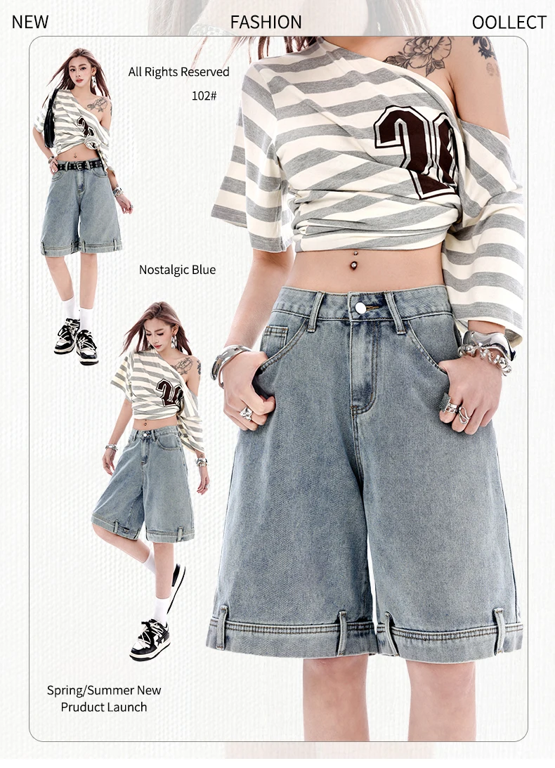 Women's 2026 Summer New Knee Length Denim Shorts Loose Wide Leg Retro Washed Casual Breathable Straight Leg Pants Streetwear