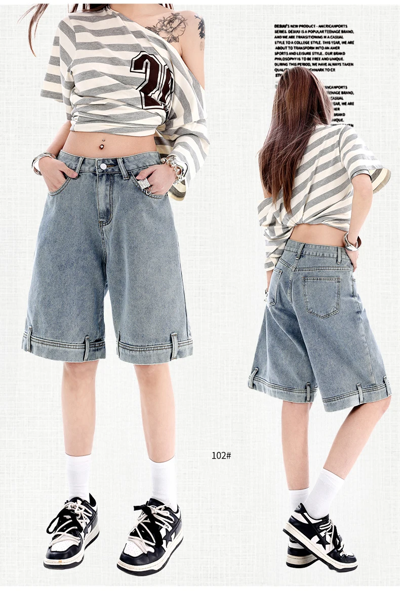 Women's 2026 Summer New Knee Length Denim Shorts Loose Wide Leg Retro Washed Casual Breathable Straight Leg Pants Streetwear