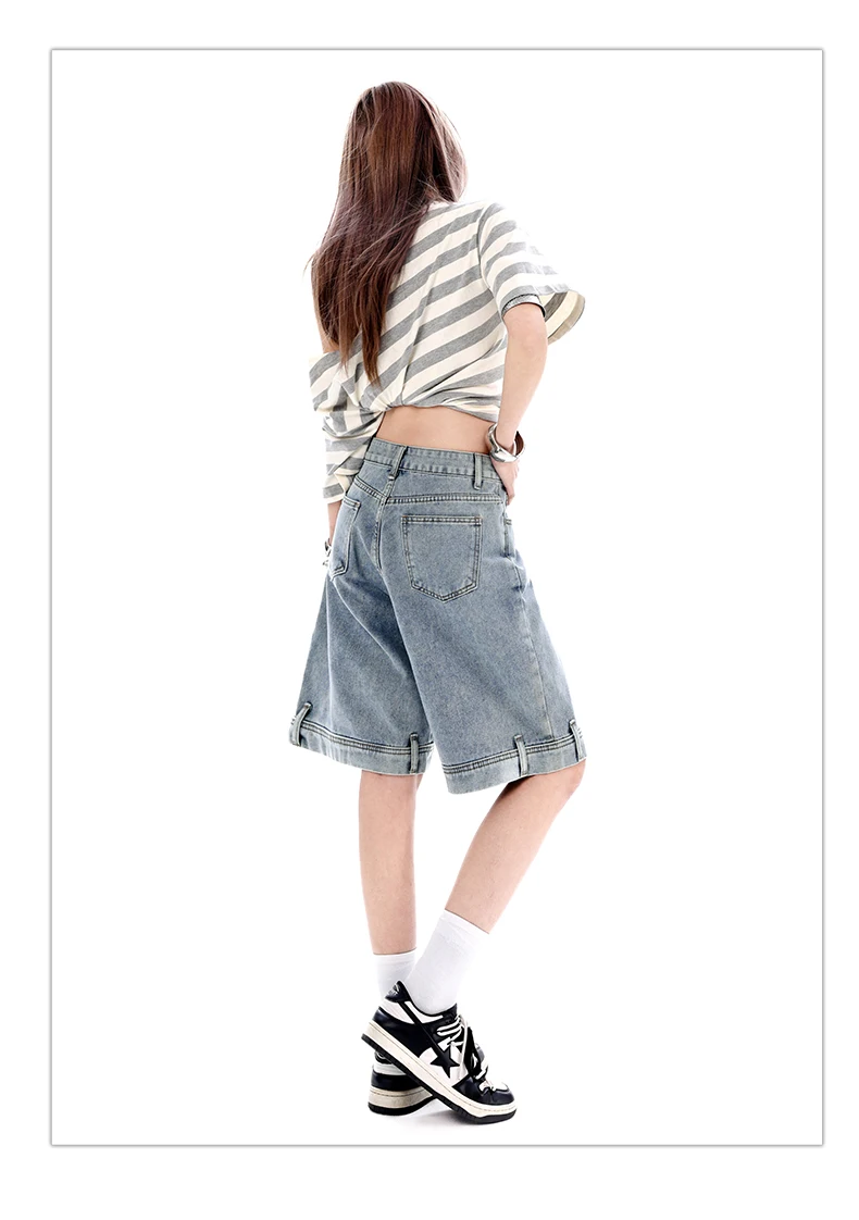 Women's 2026 Summer New Knee Length Denim Shorts Loose Wide Leg Retro Washed Casual Breathable Straight Leg Pants Streetwear
