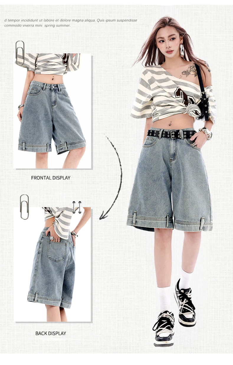 Women's 2026 Summer New Knee Length Denim Shorts Loose Wide Leg Retro Washed Casual Breathable Straight Leg Pants Streetwear
