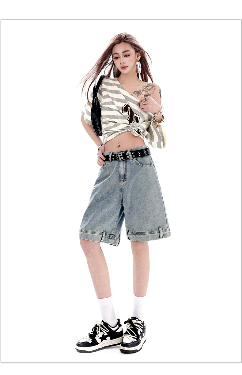 Women's 2026 Summer New Knee Length Denim Shorts Loose Wide Leg Retro Washed Casual Breathable Straight Leg Pants Streetwear