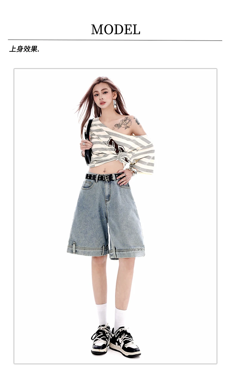 Women's 2026 Summer New Knee Length Denim Shorts Loose Wide Leg Retro Washed Casual Breathable Straight Leg Pants Streetwear