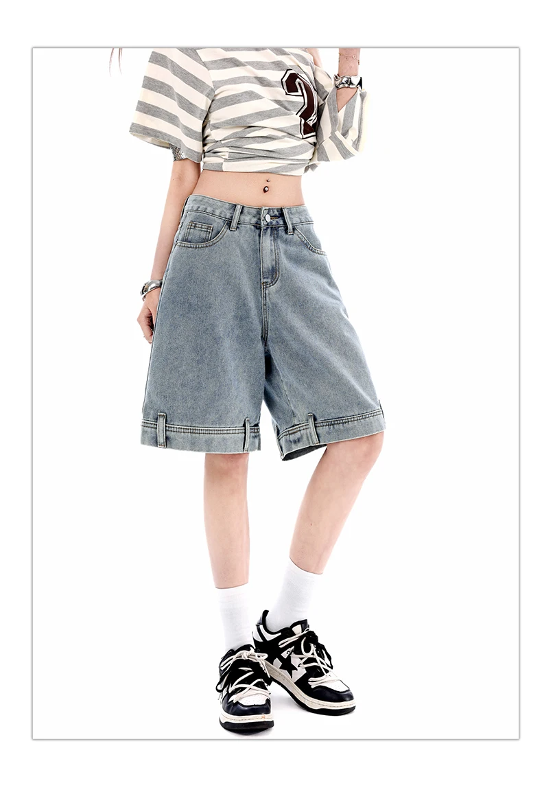 Women's 2026 Summer New Knee Length Denim Shorts Loose Wide Leg Retro Washed Casual Breathable Straight Leg Pants Streetwear