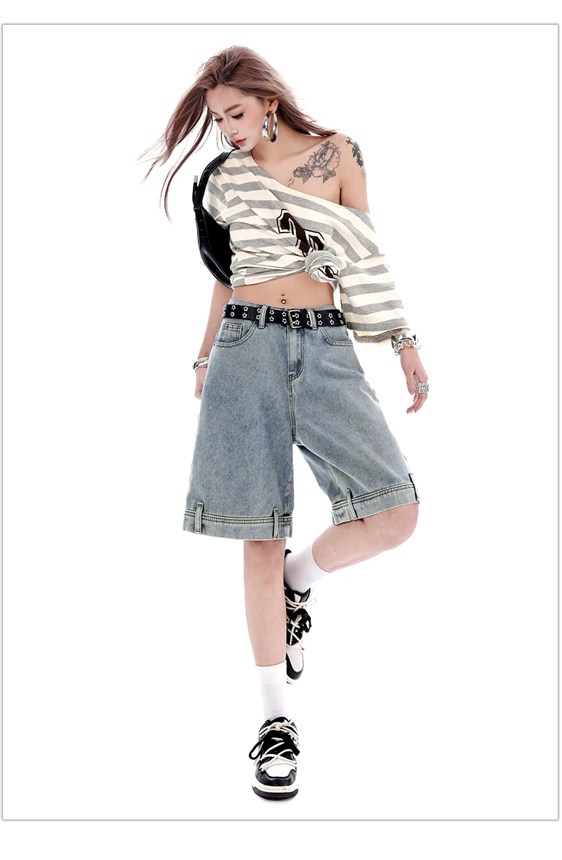 Women's 2026 Summer New Knee Length Denim Shorts Loose Wide Leg Retro Washed Casual Breathable Straight Leg Pants Streetwear