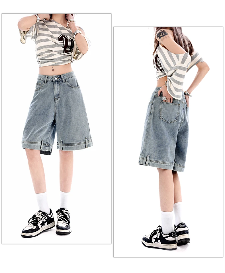 Women's 2026 Summer New Knee Length Denim Shorts Loose Wide Leg Retro Washed Casual Breathable Straight Leg Pants Streetwear