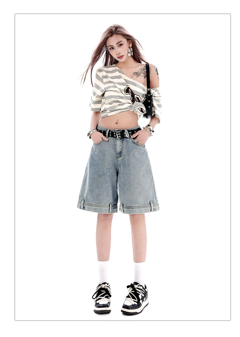 Women's 2026 Summer New Knee Length Denim Shorts Loose Wide Leg Retro Washed Casual Breathable Straight Leg Pants Streetwear