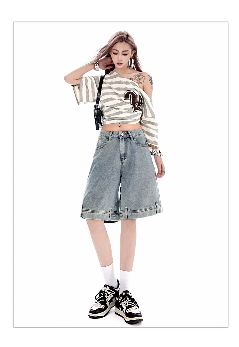 Women's 2026 Summer New Knee Length Denim Shorts Loose Wide Leg Retro Washed Casual Breathable Straight Leg Pants Streetwear