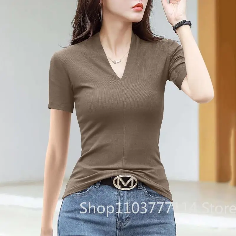 V Neck Short Sleeve Tee Women Hot Girl Fashion Slim Fit Soft Casual Short Sleeve Tops Streetwear Style for Daily Summer Outfits