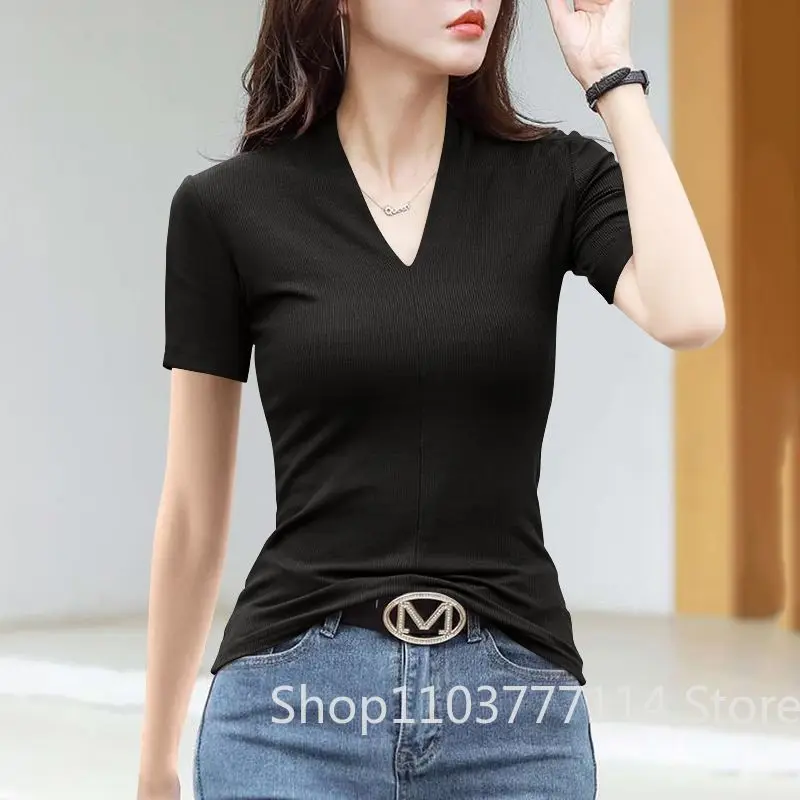 V Neck Short Sleeve Tee Women Hot Girl Fashion Slim Fit Soft Casual Short Sleeve Tops Streetwear Style for Daily Summer Outfits
