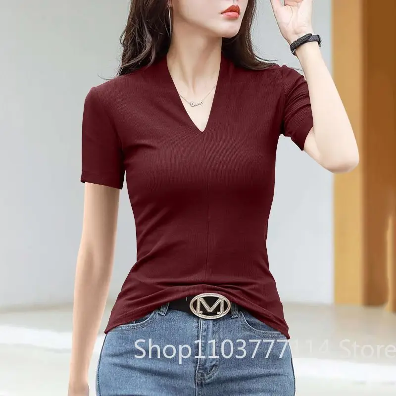 V Neck Short Sleeve Tee Women Hot Girl Fashion Slim Fit Soft Casual Short Sleeve Tops Streetwear Style for Daily Summer Outfits