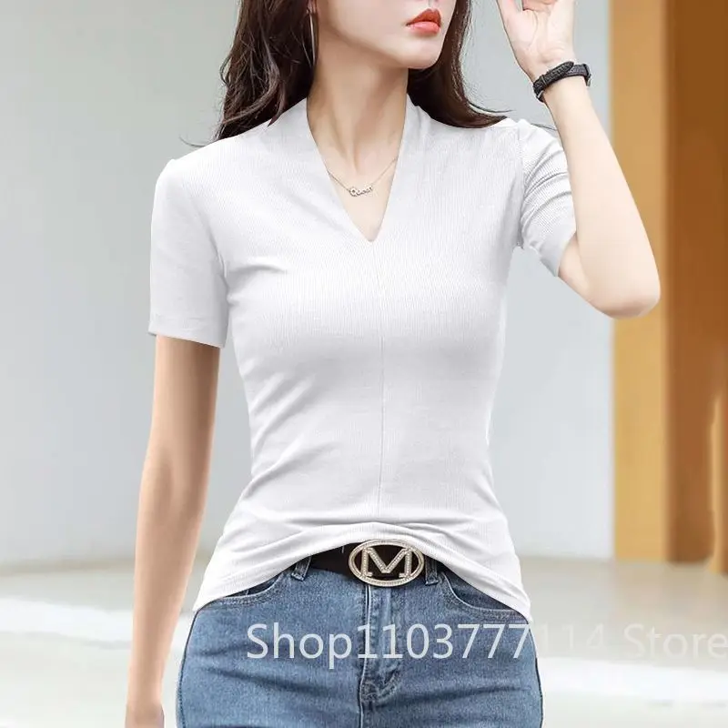 V Neck Short Sleeve Tee Women Hot Girl Fashion Slim Fit Soft Casual Short Sleeve Tops Streetwear Style for Daily Summer Outfits