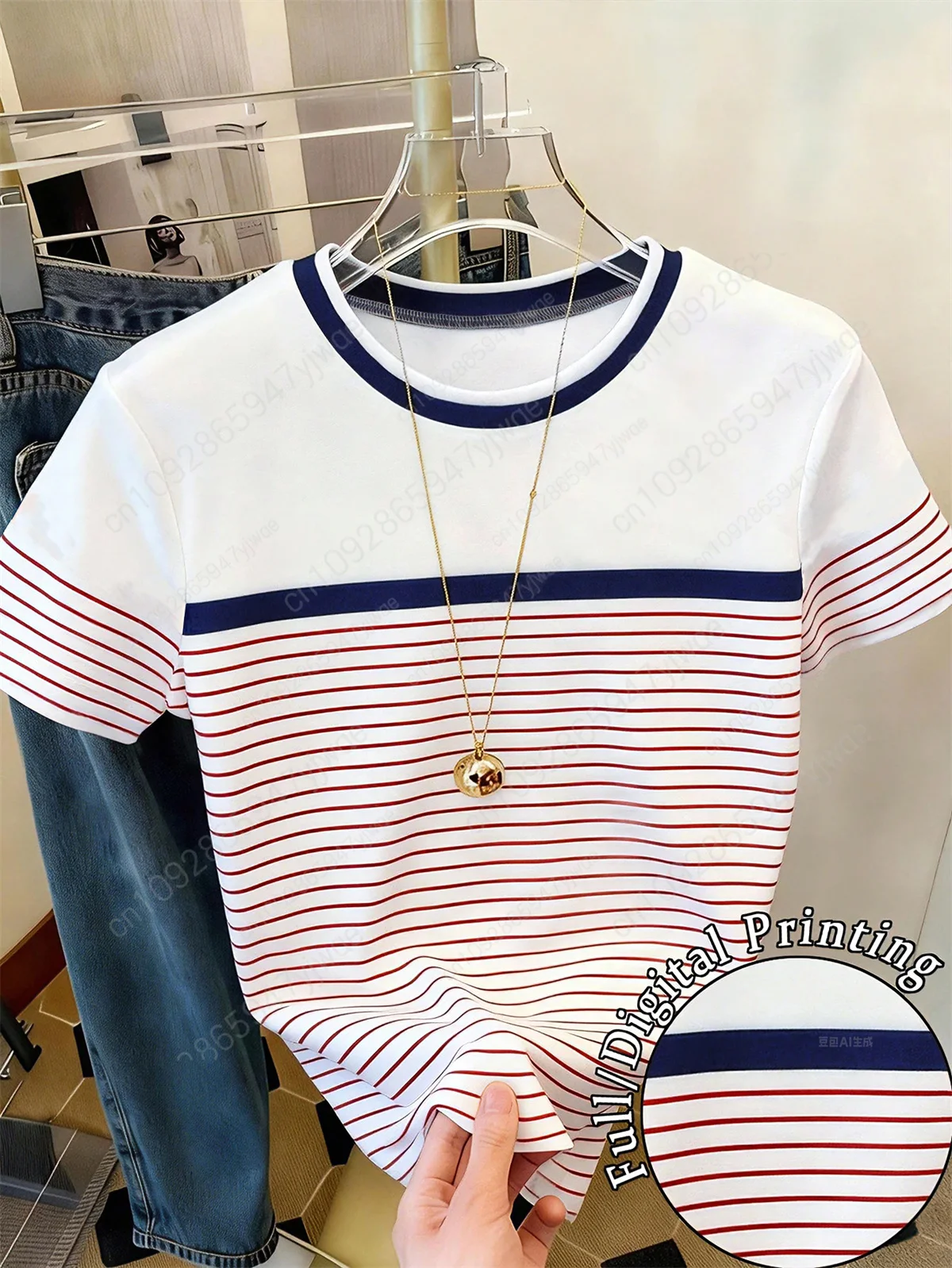 Ladies' Casual Striped Printed Short Sleeved Fashionable Simple Italian Graphic T-Shirt Vacation Tee Summer Women'S T-Shirt