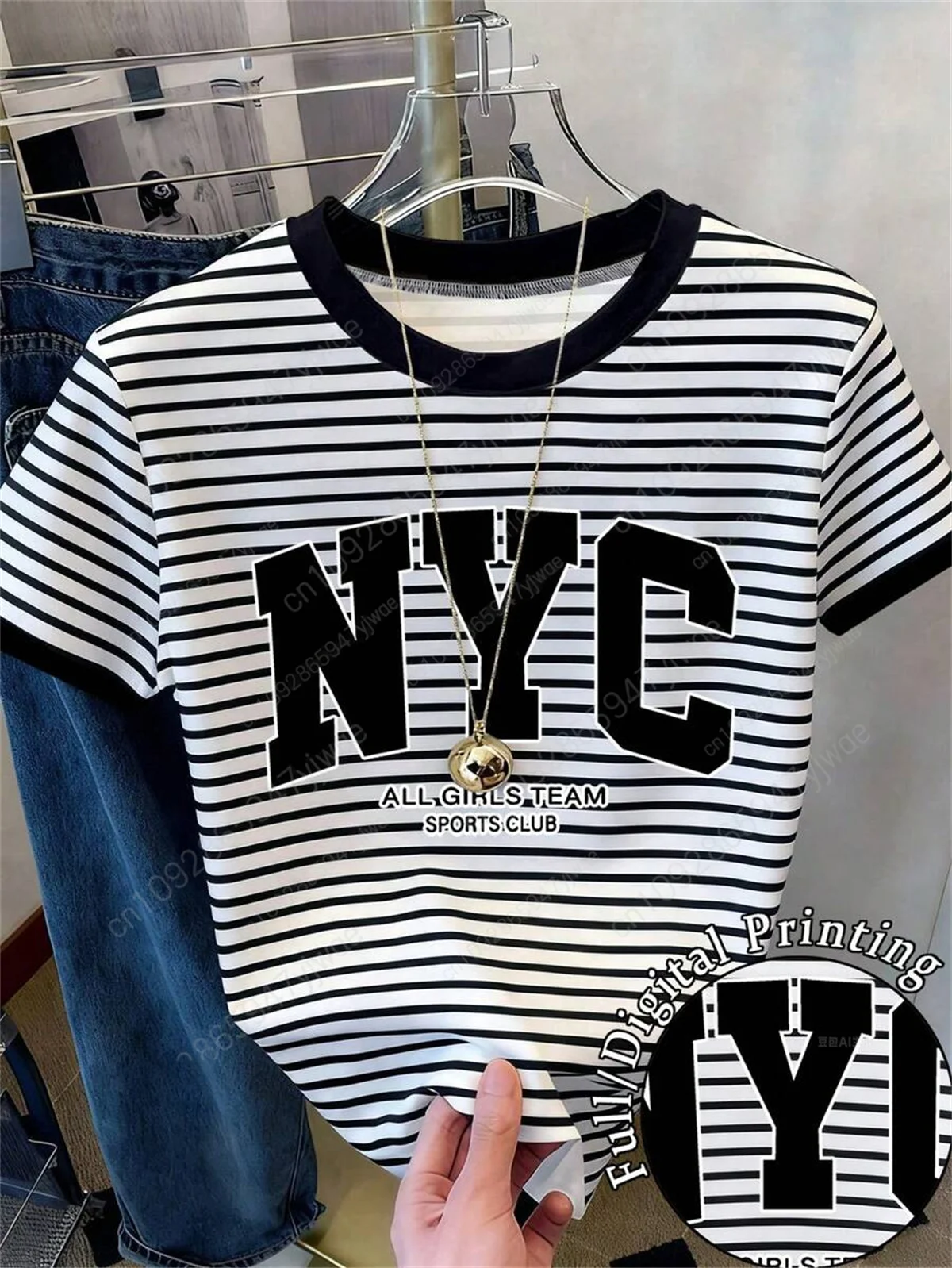 Ladies' Casual Striped Printed Short Sleeved Fashionable Simple Italian Graphic T-Shirt Vacation Tee Summer Women'S T-Shirt