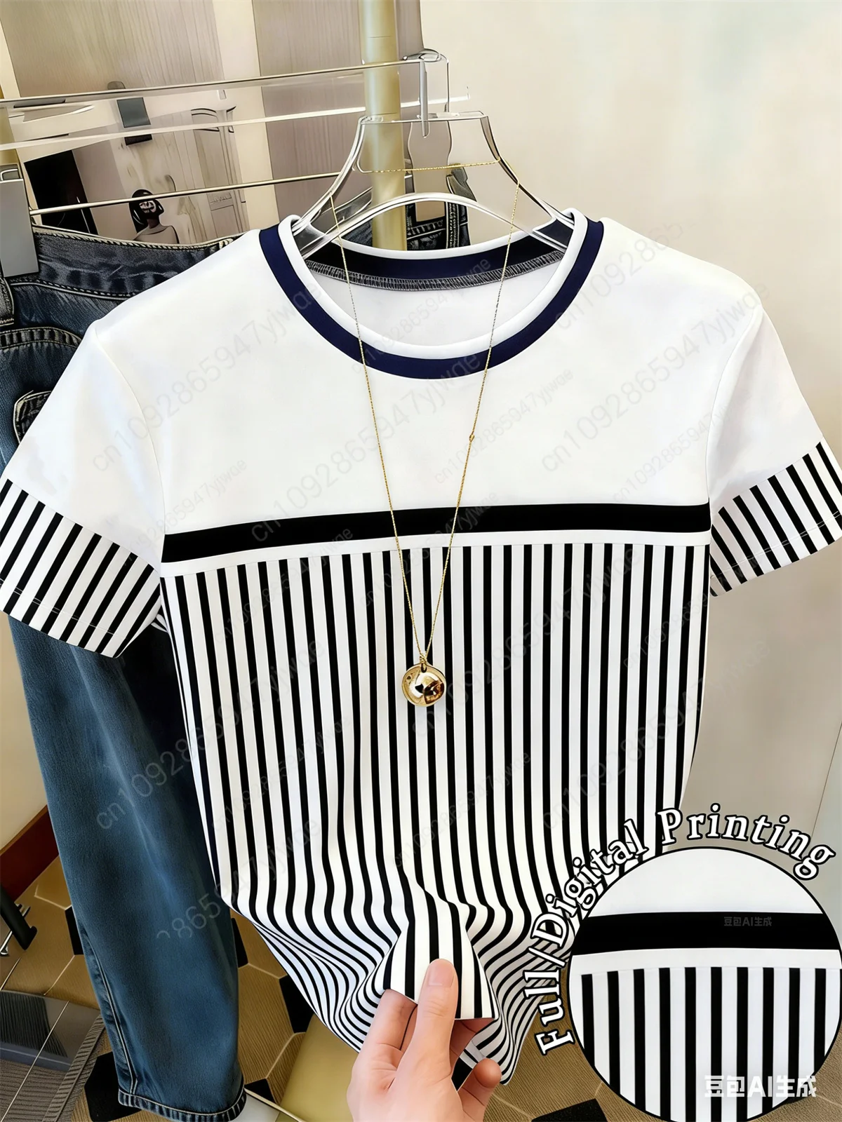 Ladies' Casual Striped Printed Short Sleeved Fashionable Simple Italian Graphic T-Shirt Vacation Tee Summer Women'S T-Shirt
