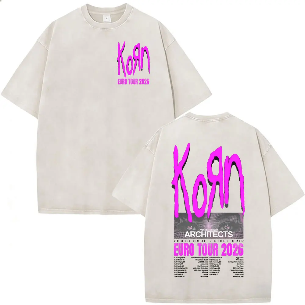 Korn Tour 2026 Merch Vintage Washed T Shirt Fan Gifts Metal Gothic Rock Band T Shirts Men Casual Oversized Short Sleeve T-shirt