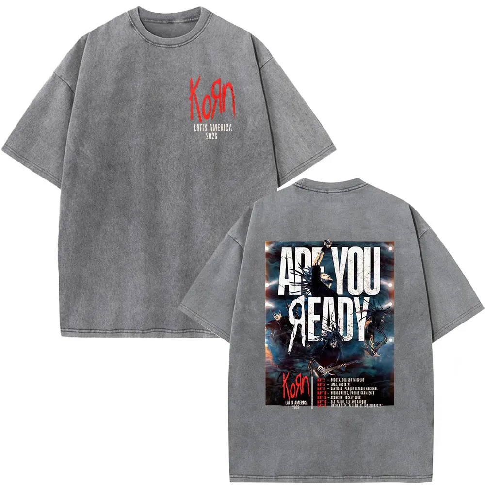 Korn Tour 2026 Merch Vintage Washed T Shirt Fan Gifts Metal Gothic Rock Band T Shirts Men Casual Oversized Short Sleeve T-shirt