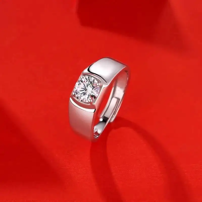 High Quality 925 Sterling Silver VVS D Color Moissanite Promise Wedding Band For Men, Adjustable Finger Ring