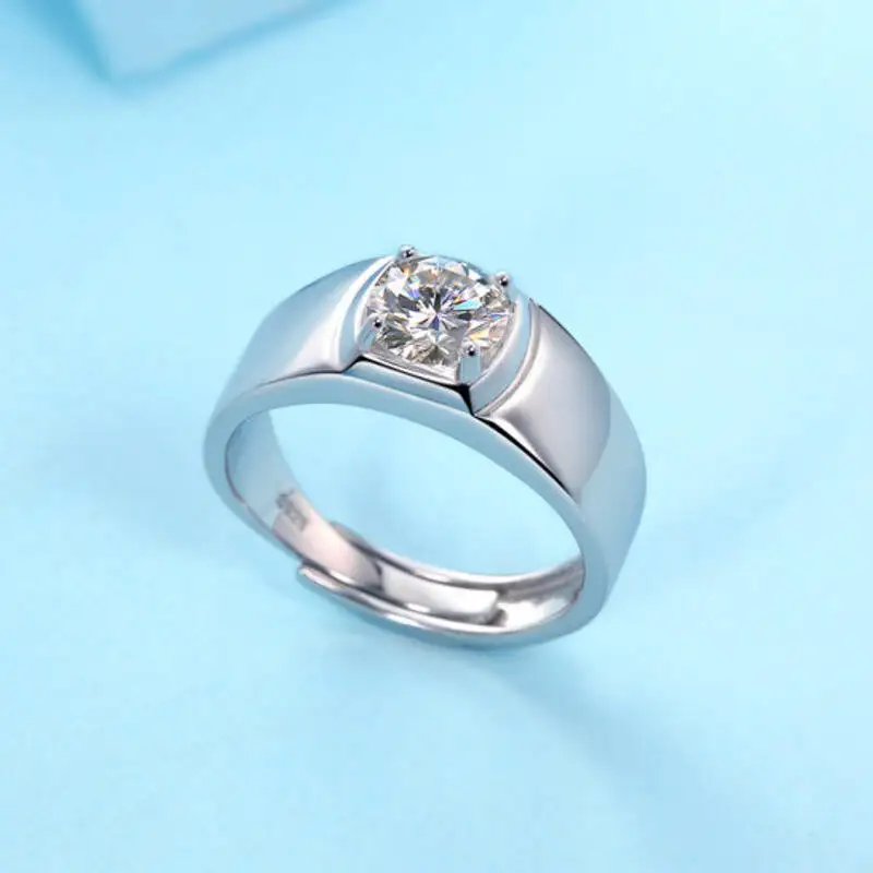 High Quality 925 Sterling Silver VVS D Color Moissanite Promise Wedding Band For Men, Adjustable Finger Ring
