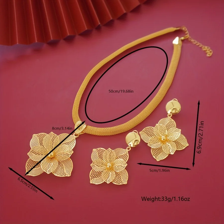18K Gold Plated Hollow Flower Jewelry Set for Women Mesh Choker Necklace Large Floral Dangle Earrings Dubai African Style