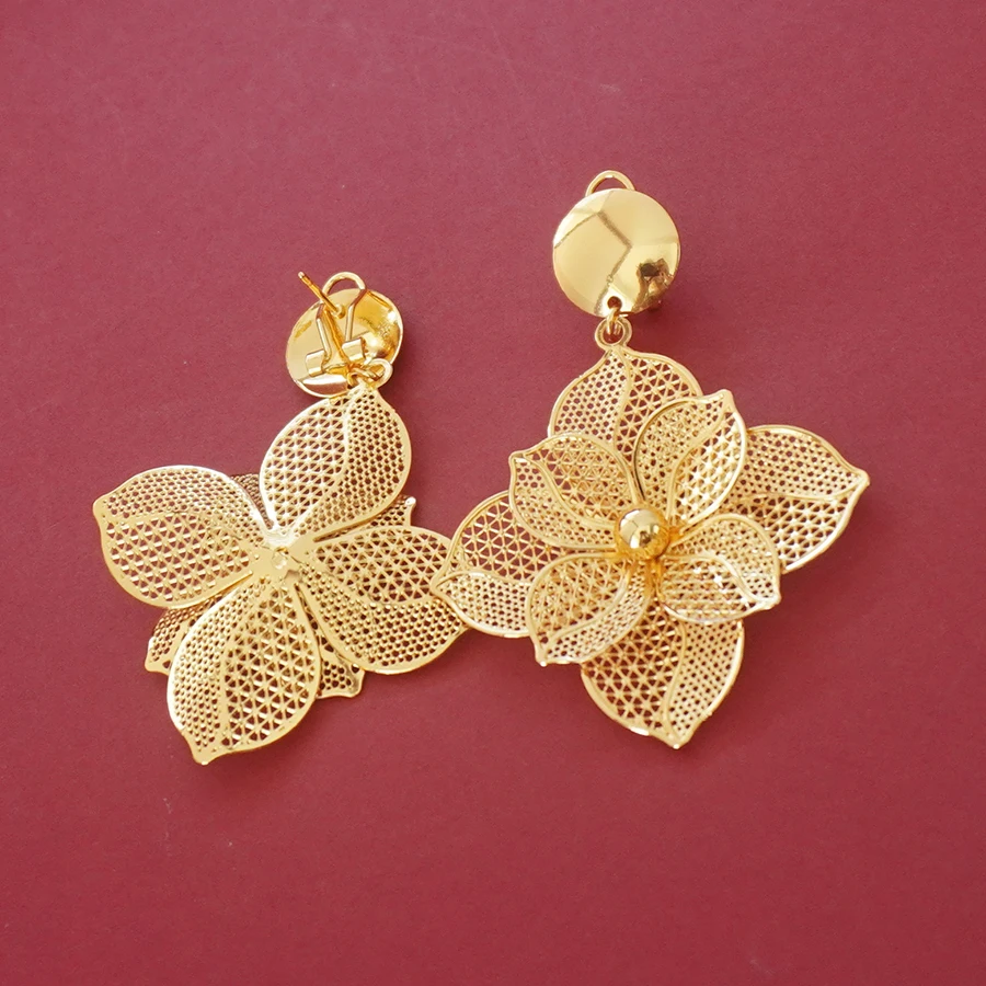18K Gold Plated Hollow Flower Jewelry Set for Women Mesh Choker Necklace Large Floral Dangle Earrings Dubai African Style