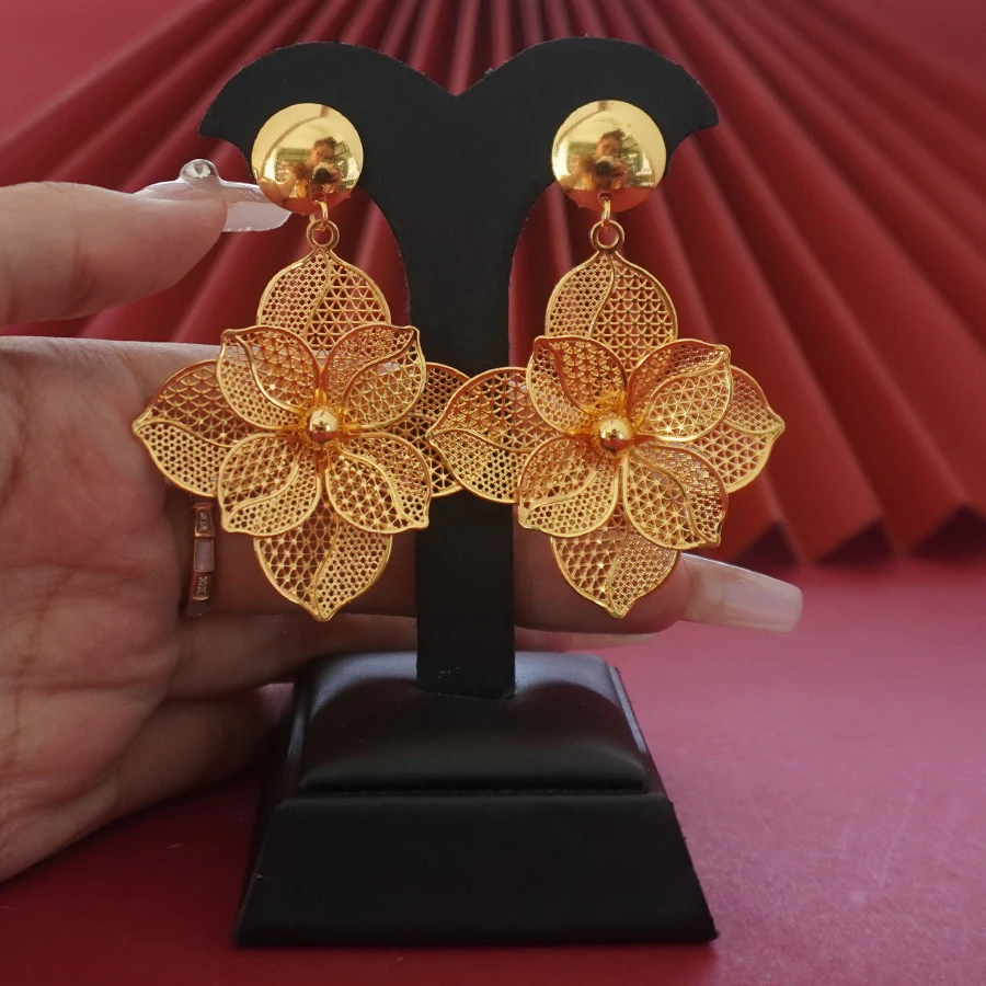 18K Gold Plated Hollow Flower Jewelry Set for Women Mesh Choker Necklace Large Floral Dangle Earrings Dubai African Style