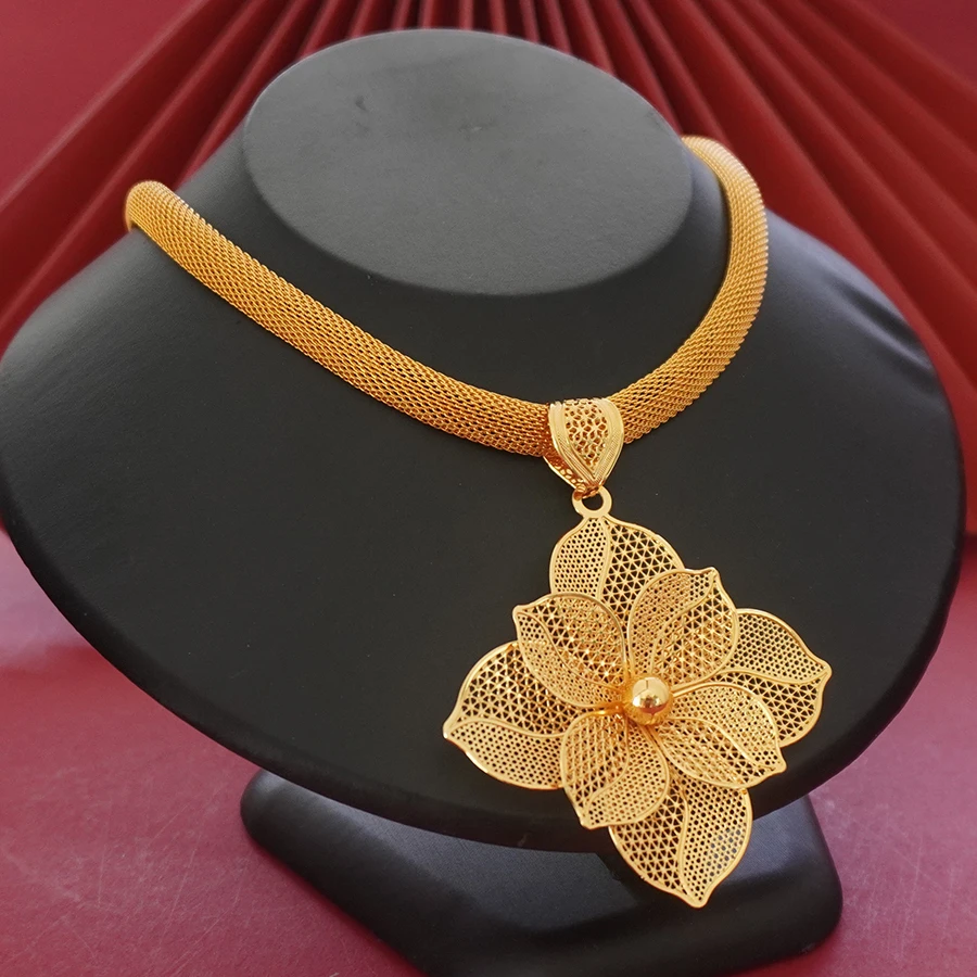 18K Gold Plated Hollow Flower Jewelry Set for Women Mesh Choker Necklace Large Floral Dangle Earrings Dubai African Style
