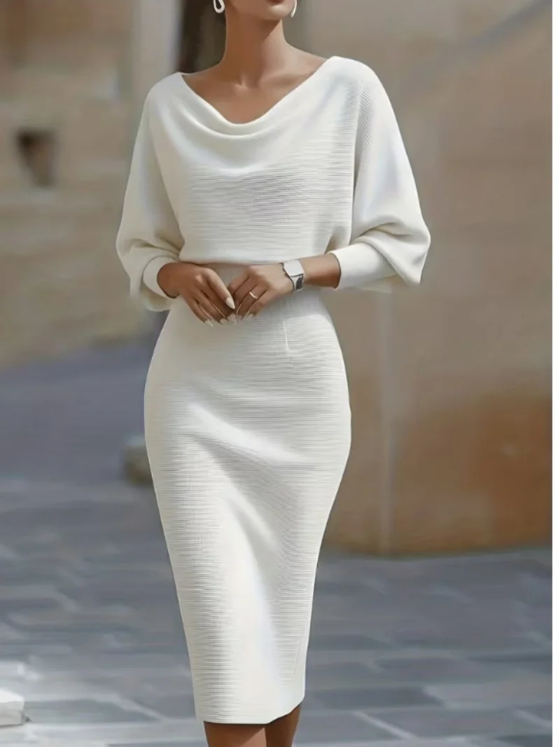 Elegant Knitted Long Sleeve U-Neck Bodycon Midi Dress – Slim Fit Knit Dress for Women – Casual & Office Wear