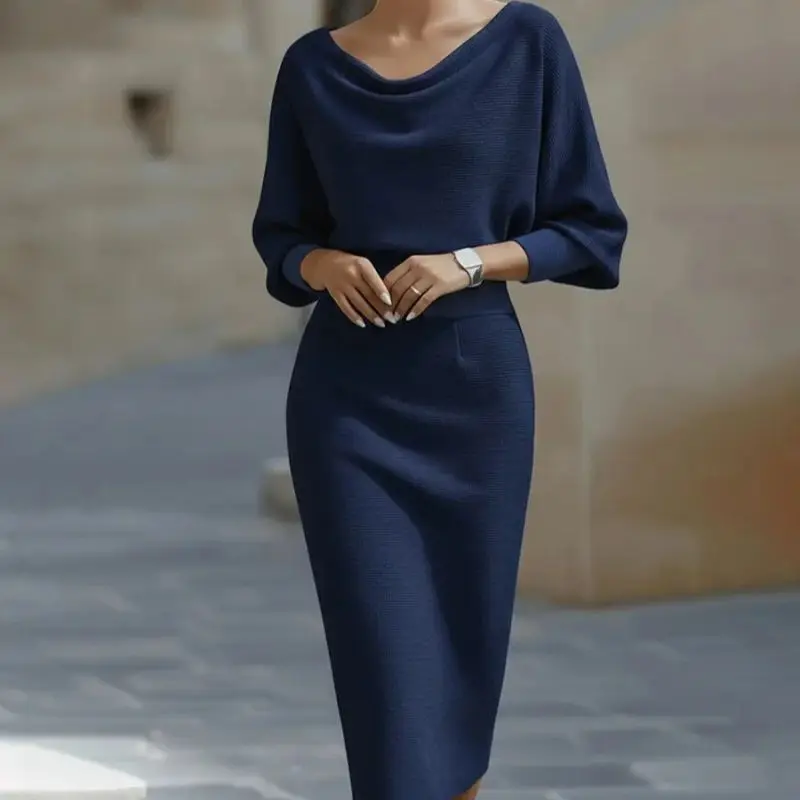 Elegant Knitted Long Sleeve U-Neck Bodycon Midi Dress – Slim Fit Knit Dress for Women – Casual & Office Wear