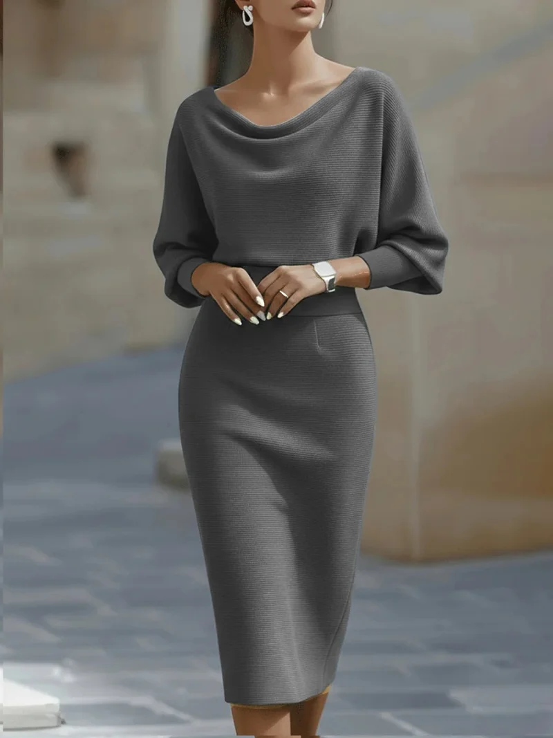Elegant Knitted Long Sleeve U-Neck Bodycon Midi Dress – Slim Fit Knit Dress for Women – Casual & Office Wear