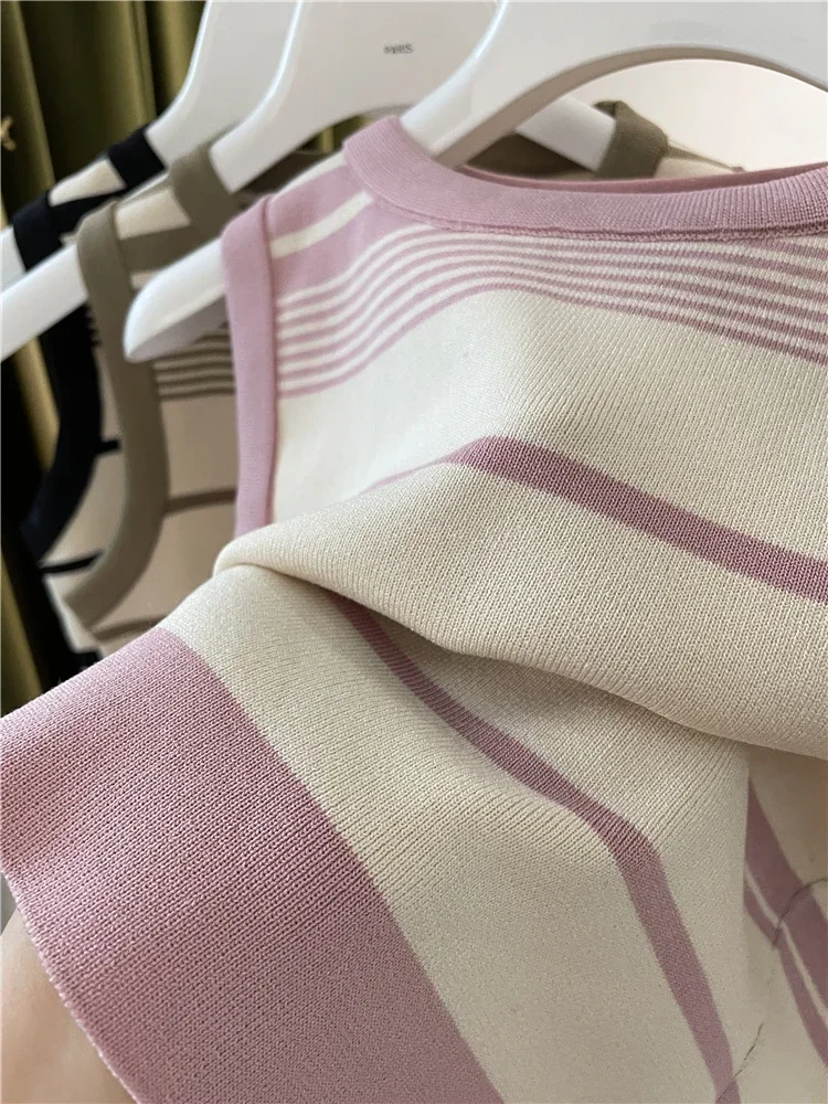 Fashion Stripe Blocking Korean Style Knitted Striped Crop Tops 2026 Sexy Short Top Women's Sleeveless O Neck Versatile Tank Tops