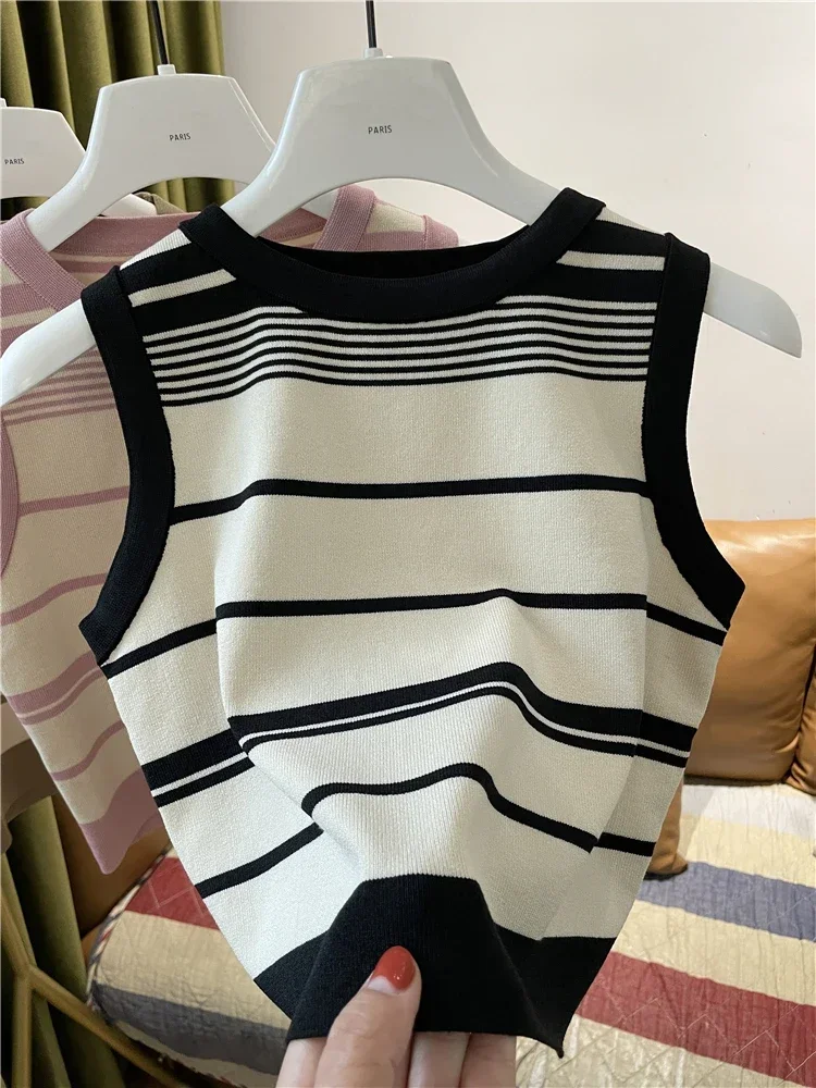 Fashion Stripe Blocking Korean Style Knitted Striped Crop Tops 2026 Sexy Short Top Women's Sleeveless O Neck Versatile Tank Tops