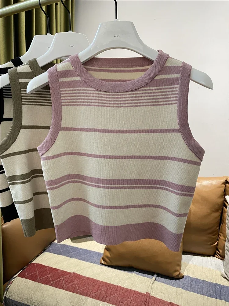 Fashion Stripe Blocking Korean Style Knitted Striped Crop Tops 2026 Sexy Short Top Women's Sleeveless O Neck Versatile Tank Tops