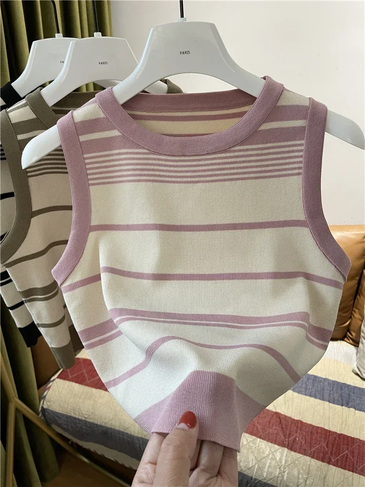 Fashion Stripe Blocking Korean Style Knitted Striped Crop Tops 2026 Sexy Short Top Women's Sleeveless O Neck Versatile Tank Tops