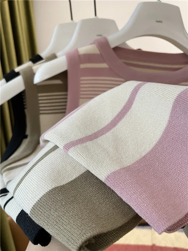 Fashion Stripe Blocking Korean Style Knitted Striped Crop Tops 2026 Sexy Short Top Women's Sleeveless O Neck Versatile Tank Tops