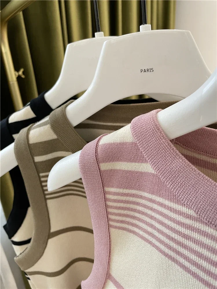 Fashion Stripe Blocking Korean Style Knitted Striped Crop Tops 2026 Sexy Short Top Women's Sleeveless O Neck Versatile Tank Tops