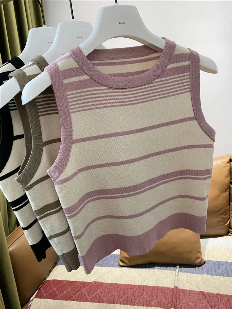 Fashion Stripe Blocking Korean Style Knitted Striped Crop Tops 2026 Sexy Short Top Women's Sleeveless O Neck Versatile Tank Tops