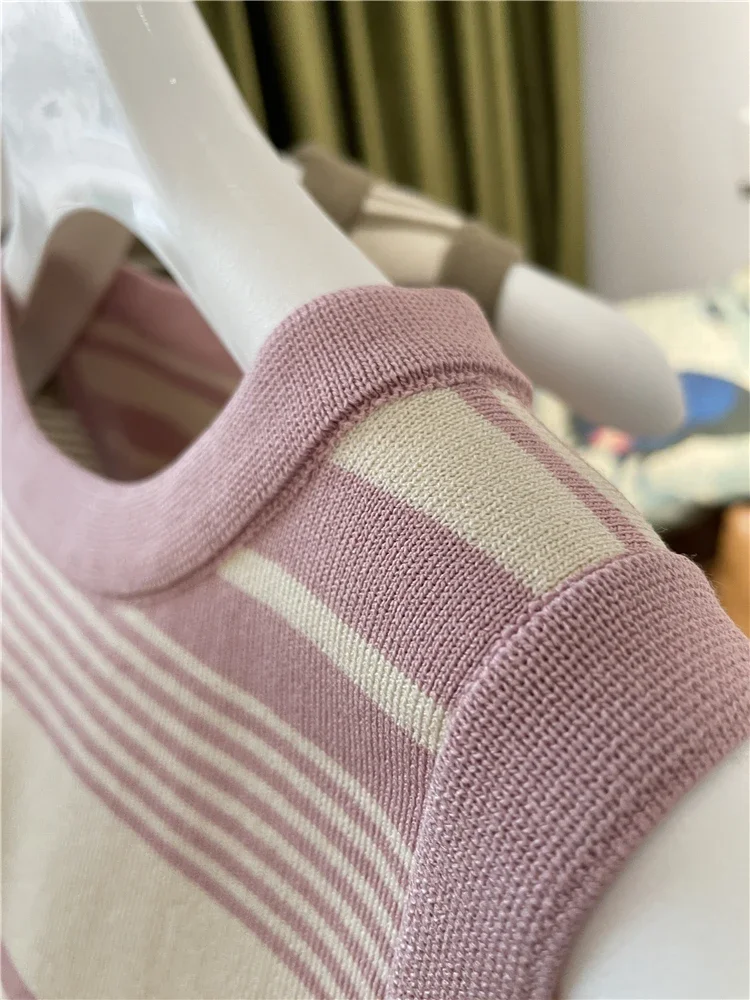Fashion Stripe Blocking Korean Style Knitted Striped Crop Tops 2026 Sexy Short Top Women's Sleeveless O Neck Versatile Tank Tops